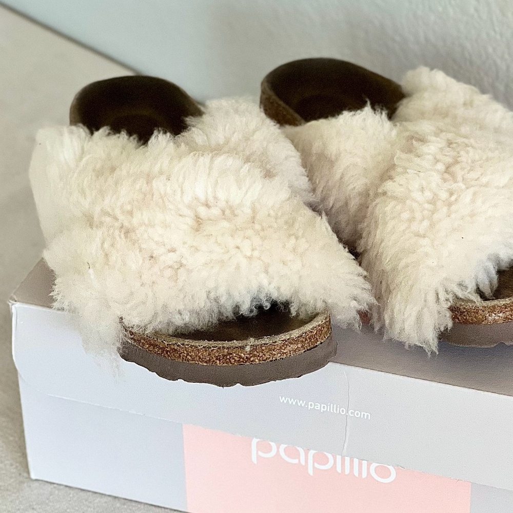 Papillio Cream Shearling Crossover Slide Sandals - Picture 8 of 16